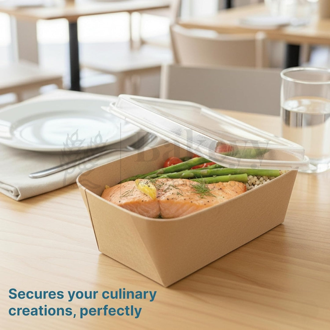 Takeout container with food on a table with a blurred background