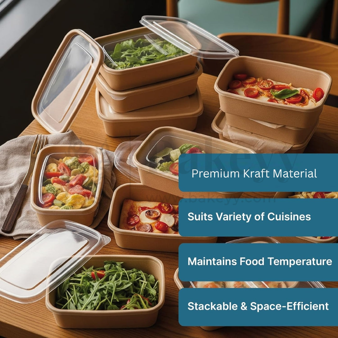 Stackable food containers with various foods on a wooden table, featuring text about their benefits.