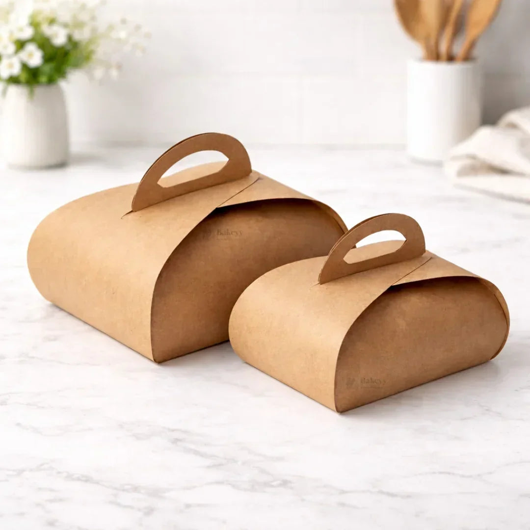 Dome Cake Box with Handle | Kraft Color Paper | Elegant Curved Top Packaging Box | Pack of 25 - Bakeyy.com - India - Dome Cake Box with Handle | Kraft Color Paper | Elegant Curved Top Packaging Box | Pack of 25 - 8x8x5 Inch 675.00