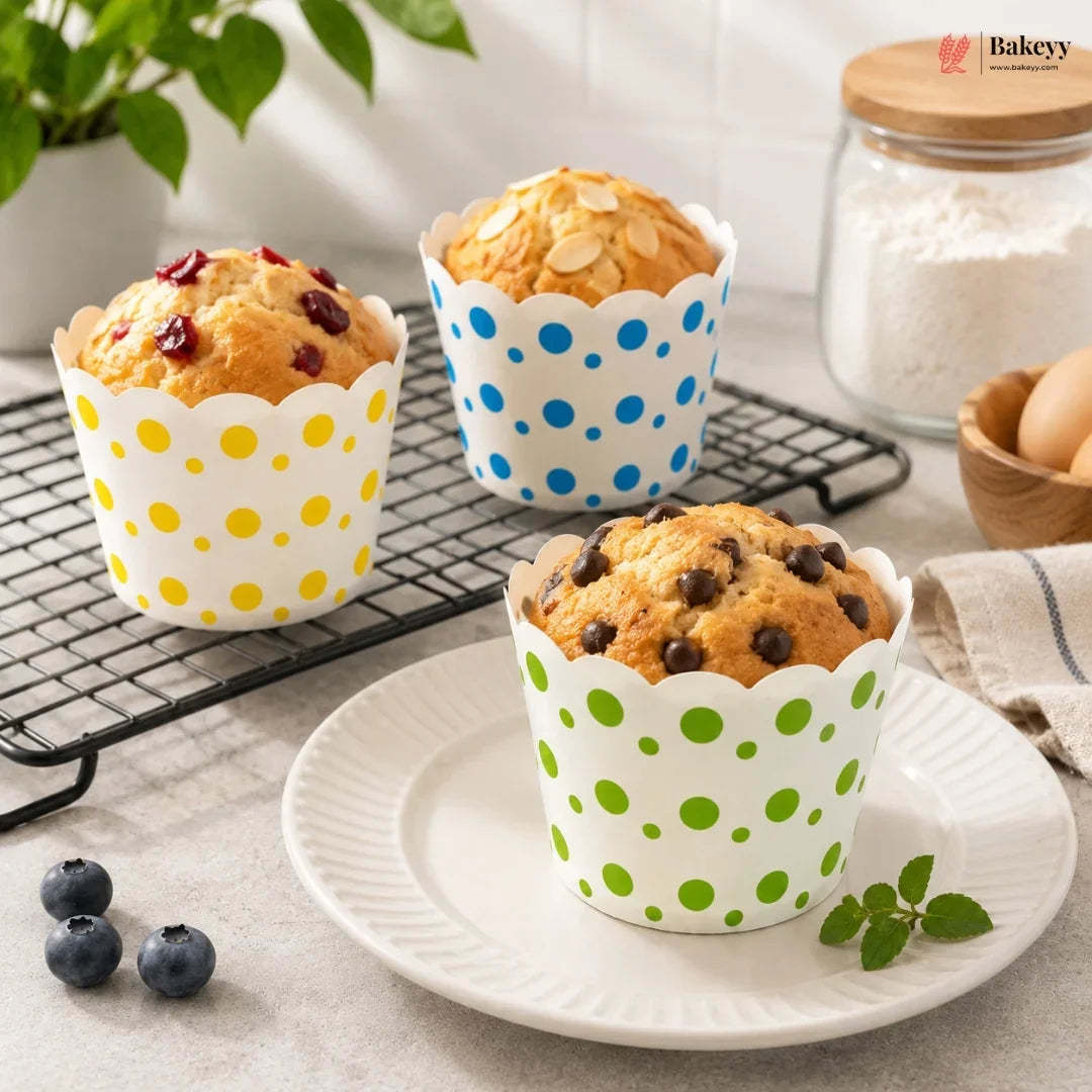 Muffins in polka dot paper cups on a plate with baking ingredients in the background.