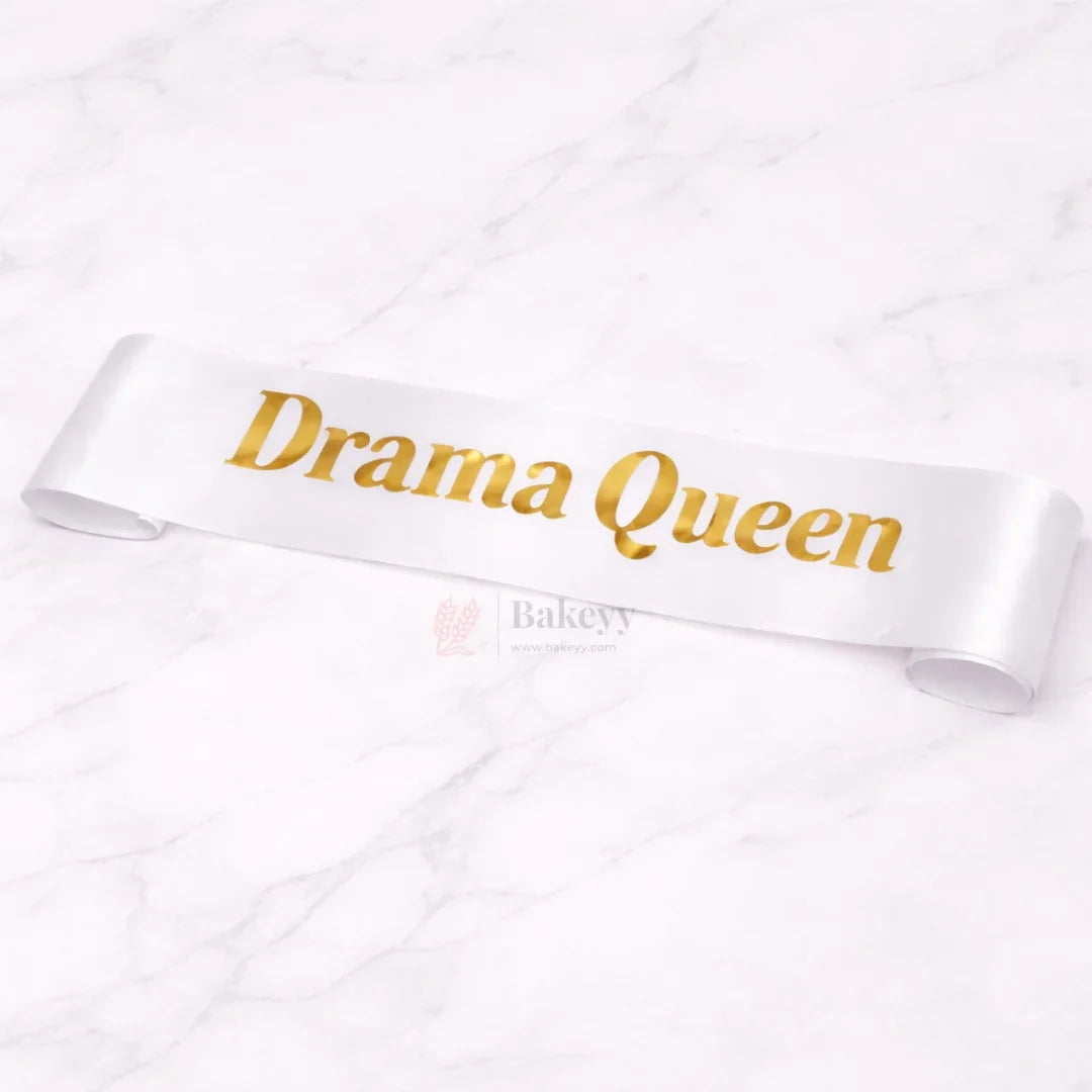 DramaQueenSatinPartySashPink_WhitewithGoldFoilLettering_2 - Bakeyy.com