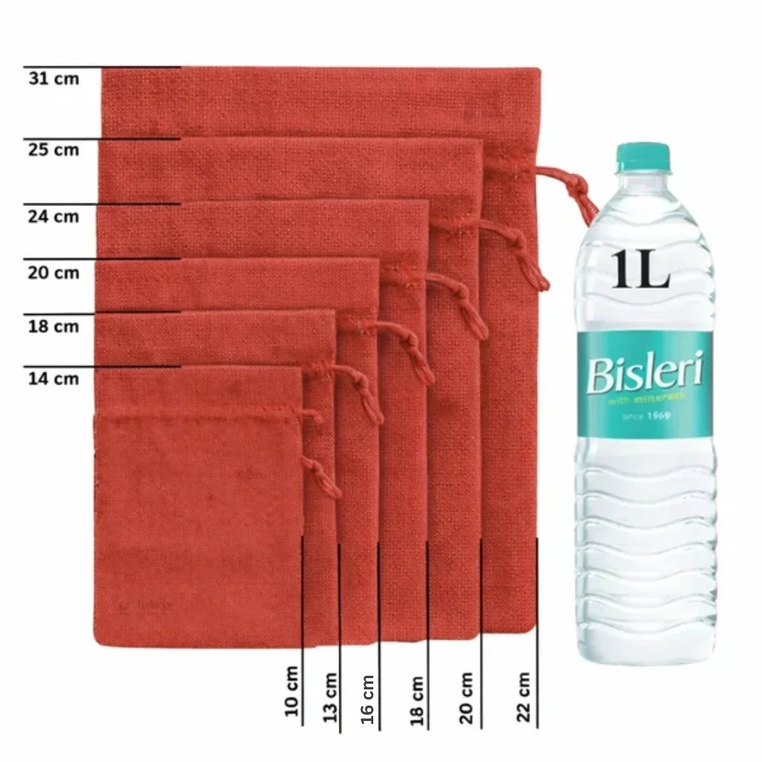 Red Color | Drawstring Fabric Gift Pouch Bags | Reusable Storage & Packaging Bags | Pack of 10
