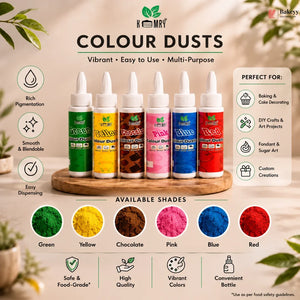 Set of color dusts in various bottles with a display of colors and features on a neutral background.
