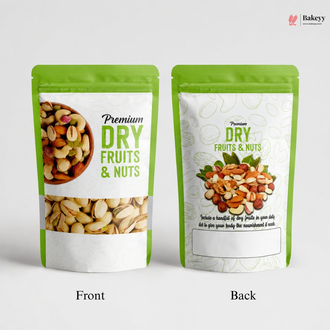 Two packages of premium dry fruits and nuts with front and back views on a white background.