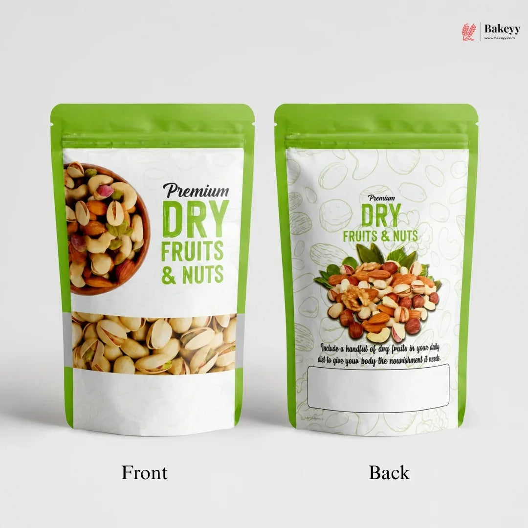 Two packages of premium dry fruits and nuts with front and back views on a white background.