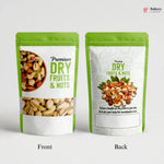 Two packages of premium dry fruits and nuts with front and back views on a white background.