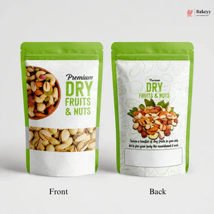 Two packages of premium dry fruits and nuts with front and back views on a white background.
