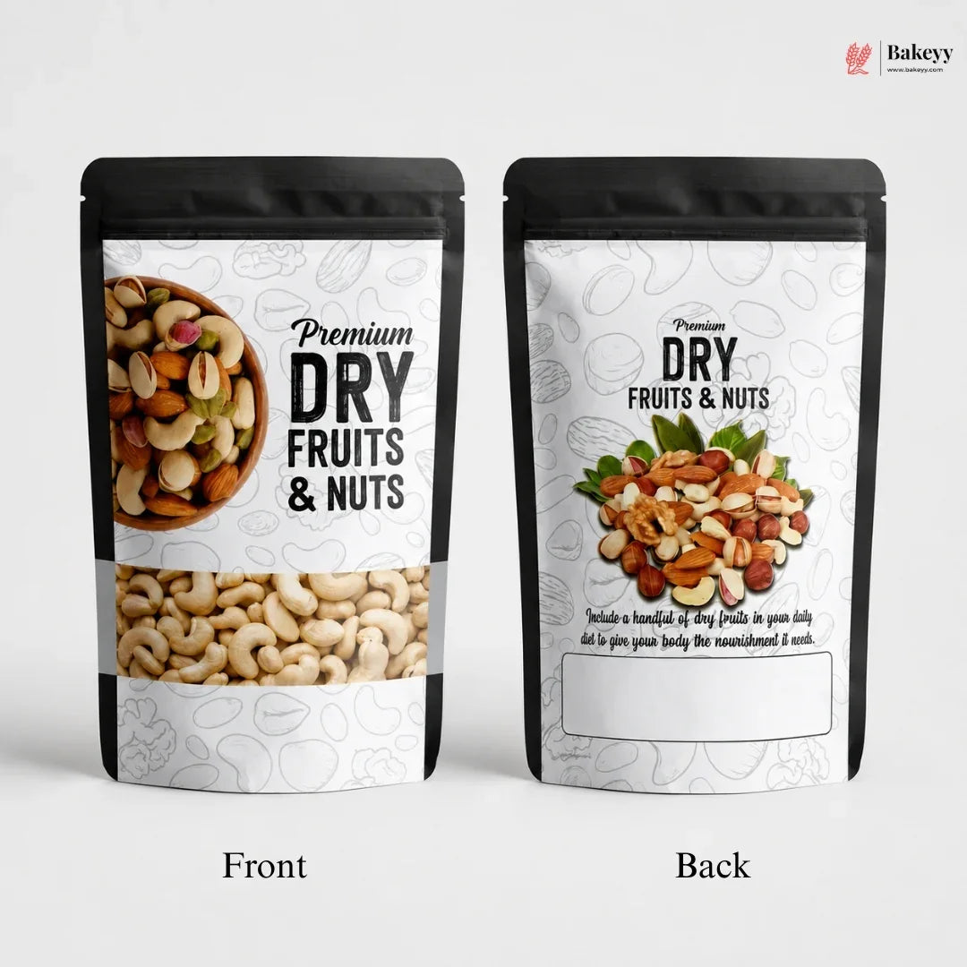 Two packages of premium dry fruits and nuts with visible branding on a white background.