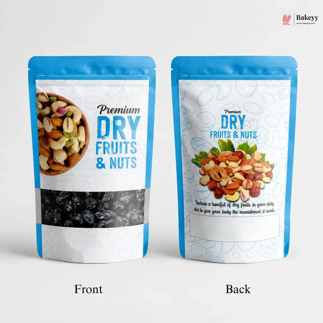 Two packages of premium dry fruits and nuts with front and back views on a white background.
