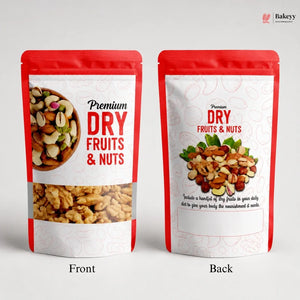 Two packages of premium dry fruits and nuts with front and back views on a gray background.