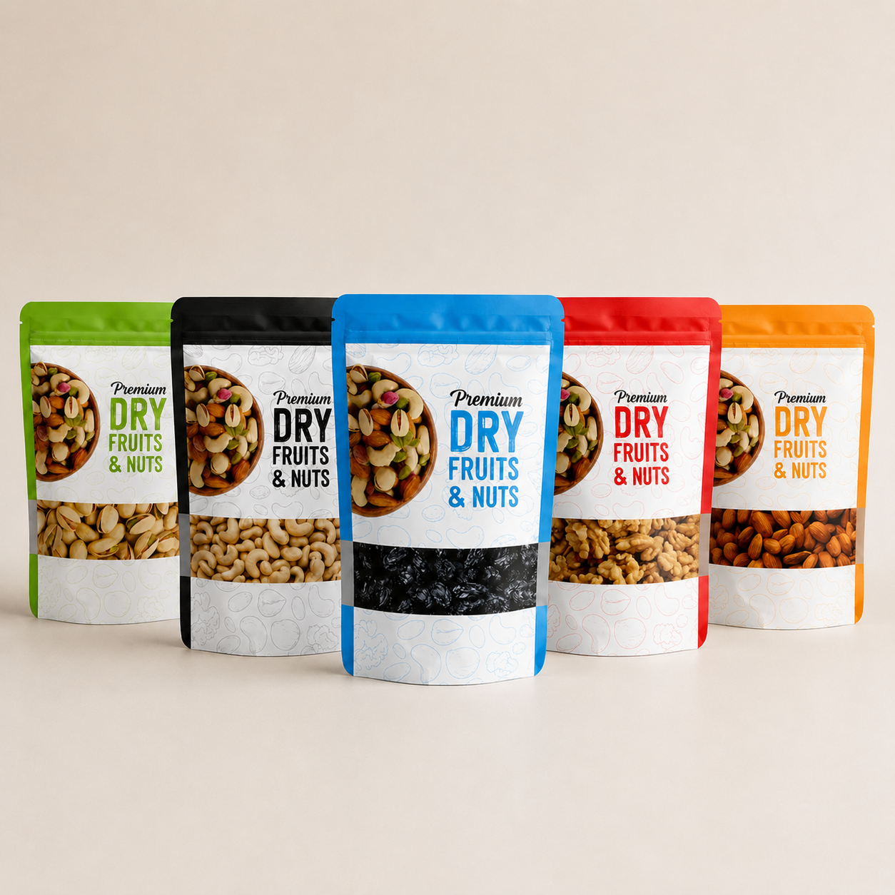 Five packages of 'Premium Dry Fruits & Nuts' with colorful labels on a beige background