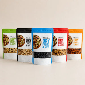Five packages of 'Premium Dry Fruits & Nuts' with colorful labels on a beige background