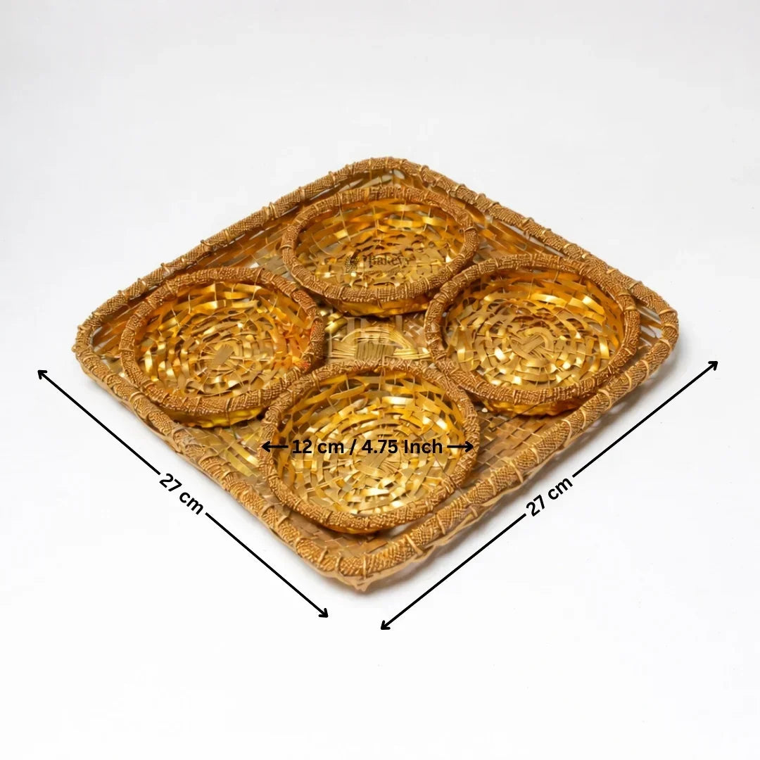 Square woven dry fruits tray with four round compartments, 27 cm, from Bakeyy.com