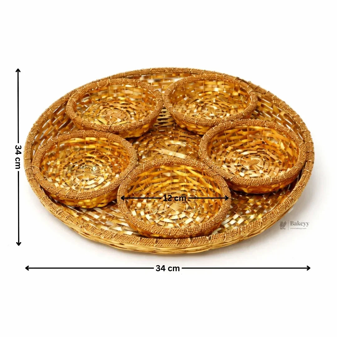 Round woven dry fruits tray set with five small baskets, 34 cm diameter, Bakeyy gift packaging.