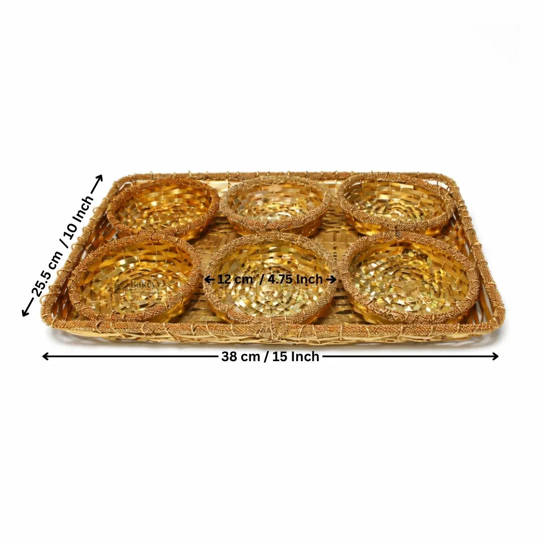 Rectangular woven dry fruits tray with six round compartments, ideal for gift hampers, Bakeyy.com