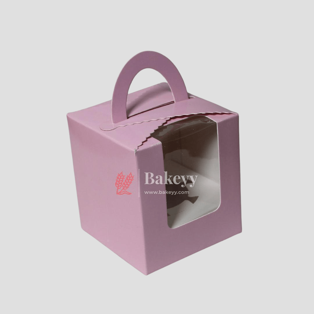 1 Cupcake Box with Handle | Pink Colour | With Front Window | 1 Jar Box - Bakeyy.com - India - 1 Cupcake Box with Handle | Pink Colour | With Front Window | 1 Jar Box - Pack of 10