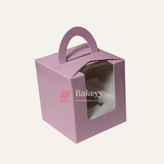 1 Cupcake Box with Handle | Pink Colour | With Front Window | 1 Jar Box - Bakeyy.com - India - 1 Cupcake Box with Handle | Pink Colour | With Front Window | 1 Jar Box - Pack of 10