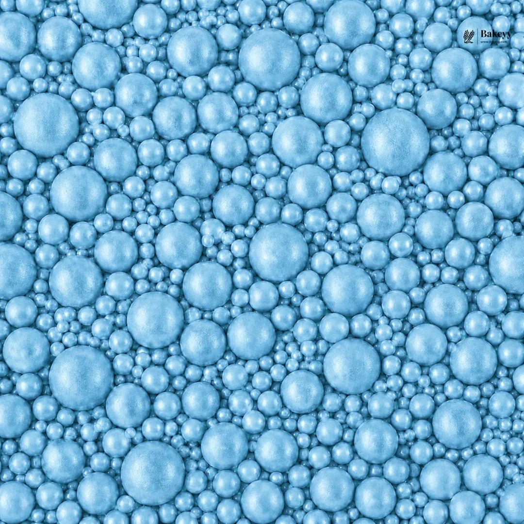 Pattern of blue bubbles with a brand logo in the corner