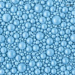 Pattern of blue bubbles with a brand logo in the corner