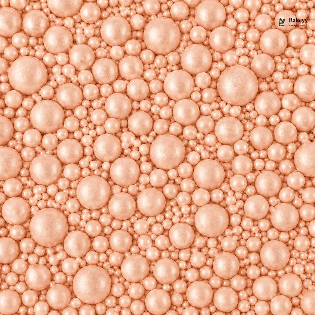 Pattern of pink pearls with a brand logo in the corner