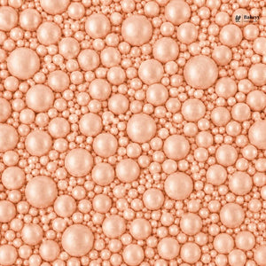 Pattern of pink pearls with a brand logo in the corner
