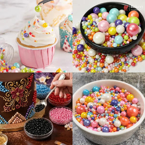 Collage of colorful candy pearls in various settings including a cupcake, bowls, and decorative items.