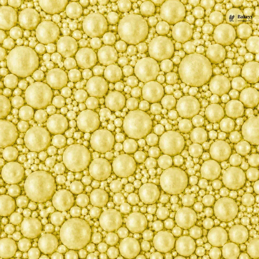 Pattern of yellow pearls with a brand logo in the corner