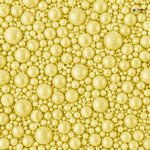 Pattern of yellow pearls with a brand logo in the corner