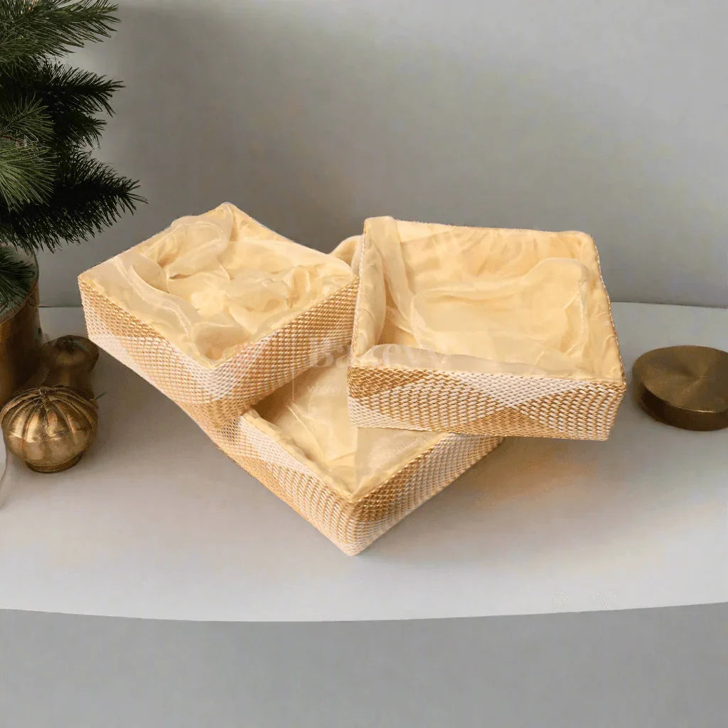 Hues Elegant Beige Pearl Net Square Hamper | Luxurious Gifting Basket - Bakeyy.com - India - Hues Elegant Beige Pearl Net Square Hamper | Luxurious Gifting Basket - Small-8 Inch