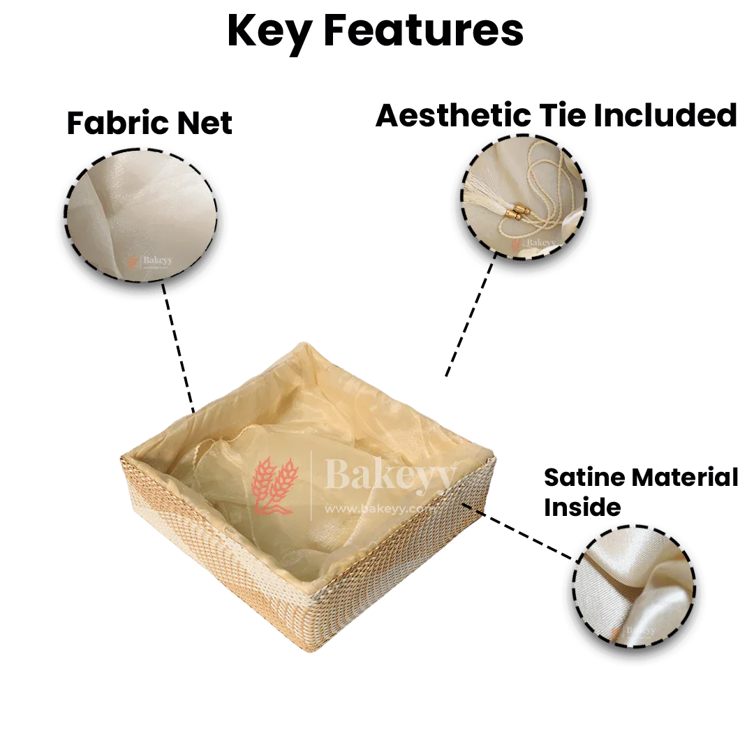 Hues Elegant Beige Pearl Net Square Hamper | Luxurious Gifting Basket - Bakeyy.com - India - Hues Elegant Beige Pearl Net Square Hamper | Luxurious Gifting Basket - Small-8 Inch