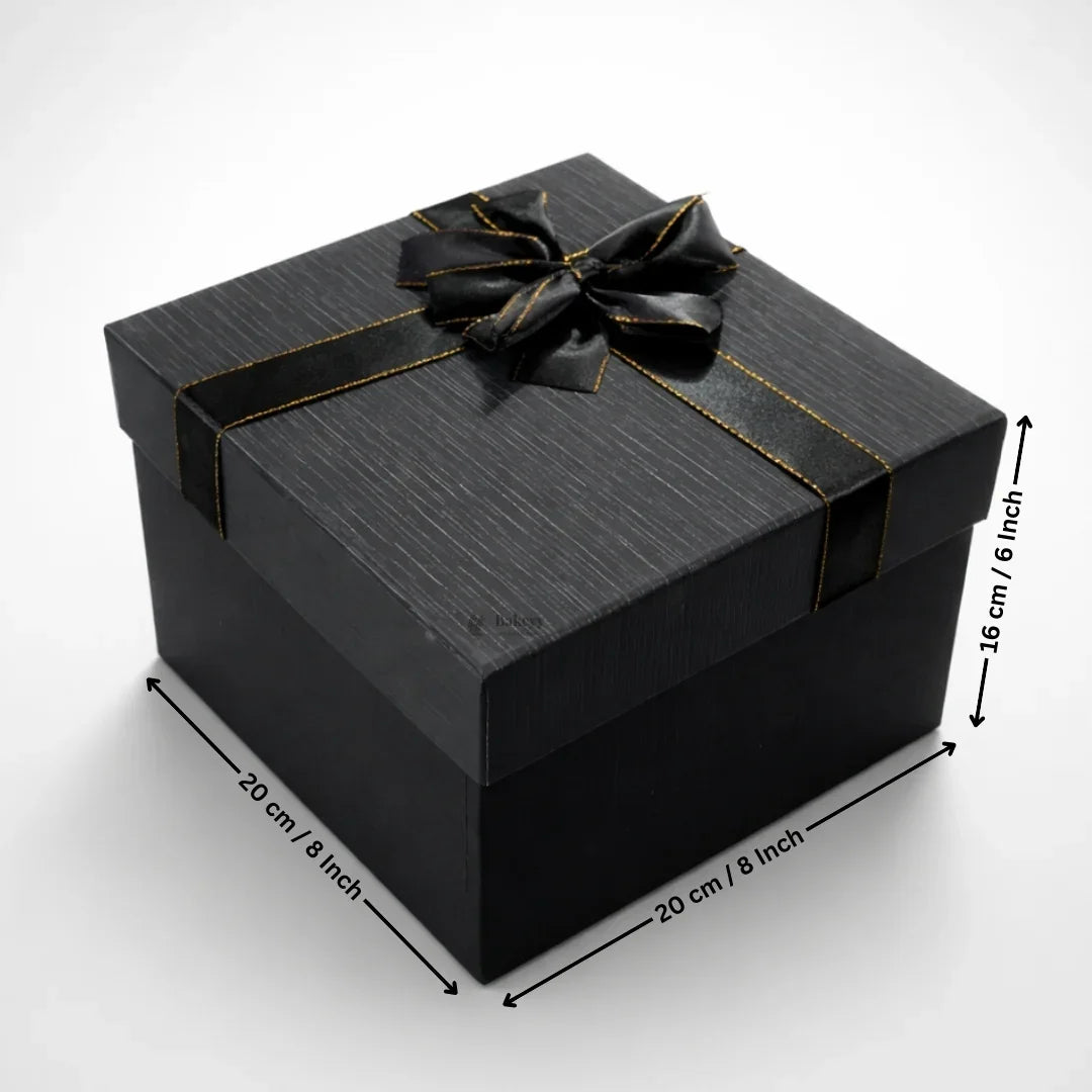 Elegant black gift box with gold ribbon, 20x20x16 cm, for gift packaging from Bakeyy.com