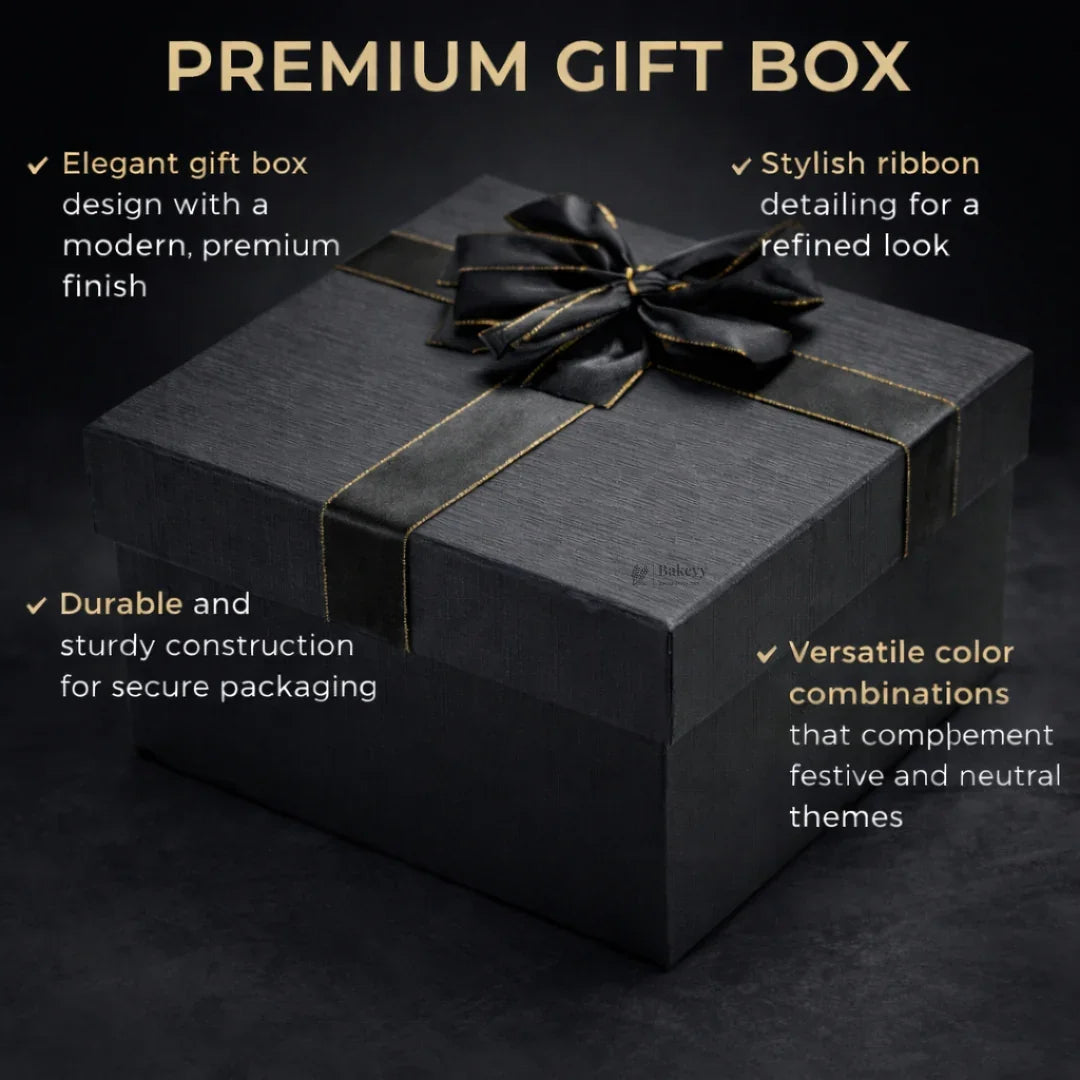 Elegant black and grey gift box with gold ribbon, premium packaging from Bakeyy.com