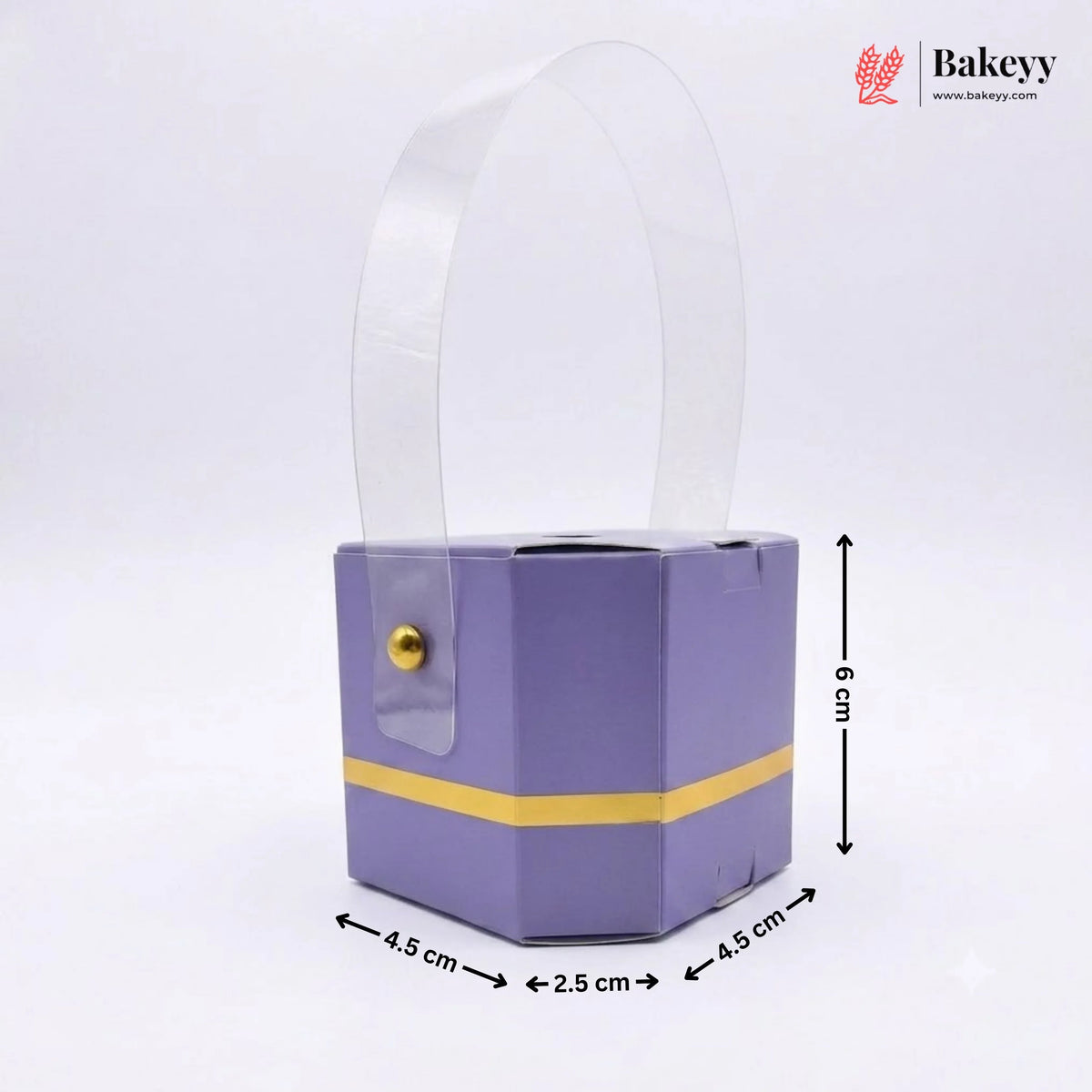 Purple hexagonal box with a clear dome lid and gold accent, featuring dimensions on a white background.