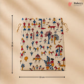 Ethnic Folk Print Jute Potli Bag with Drawstring Closure