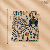 Ethnic Folk Print Jute Potli Bag with Drawstring Closure