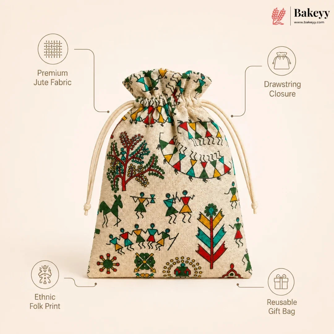 Ethnic Folk Print Jute Potli Bag with Drawstring Closure