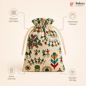 Ethnic Folk Print Jute Potli Bag with Drawstring Closure