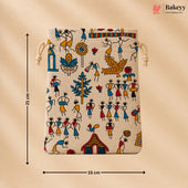 Ethnic Folk Print Jute Potli Bag with Drawstring Closure