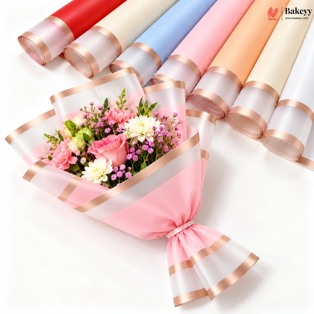 Transparent Double Gold Border Korean Flower Bouquet Cover Sheet | Pack of 20