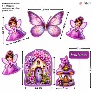 A product dimension diagram showing a set of purple fairy-themed birthday party decorations, including a butterfly, three fairy cutouts, a flower-covered house, and a birthday sign, with measurements in centimeters on a white background.
