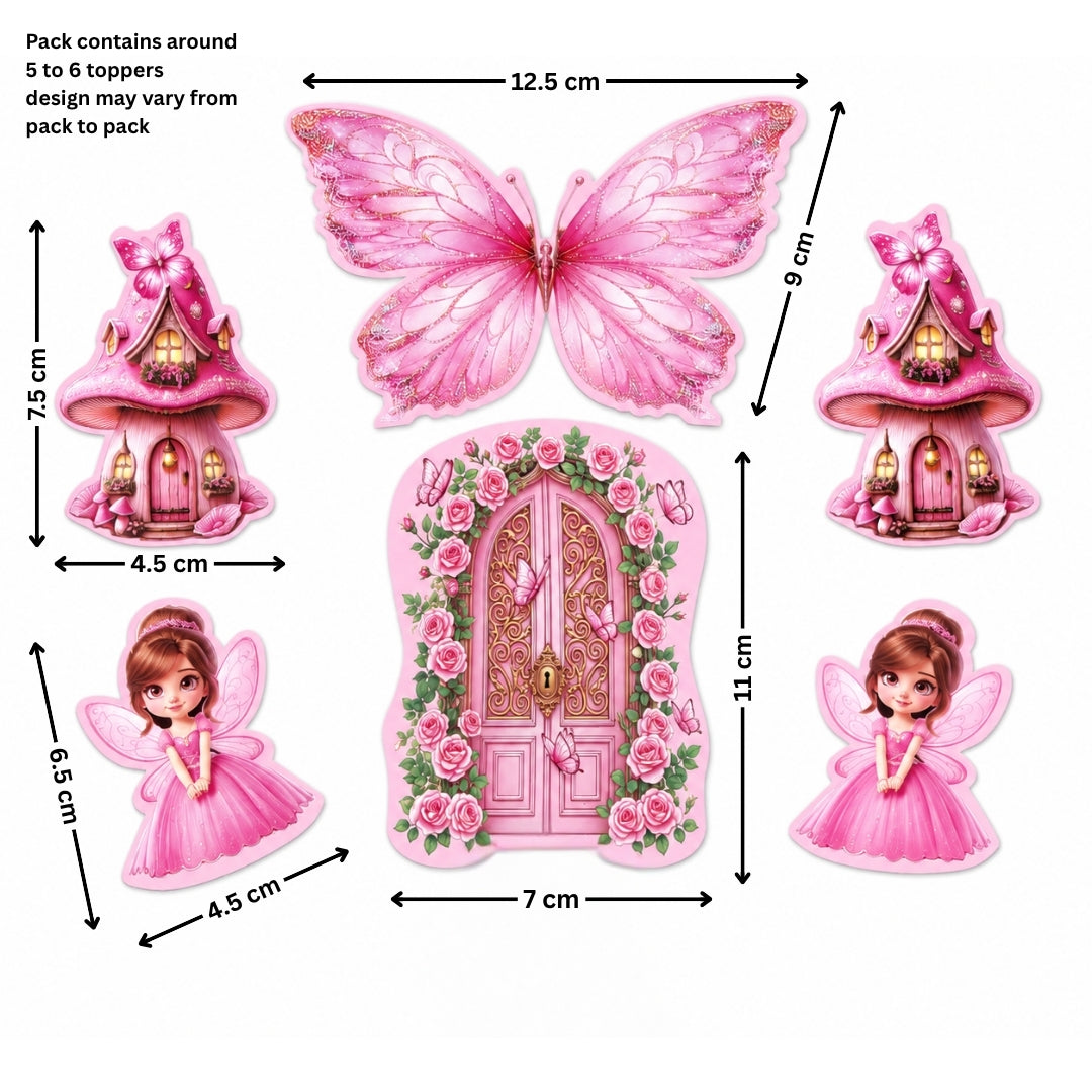 Pink fairy-themed party toppers set with dimension labels, including a large butterfly topper, a floral fairy door topper, and three fairy house toppers, shown on a white background with measurement arrows and text.