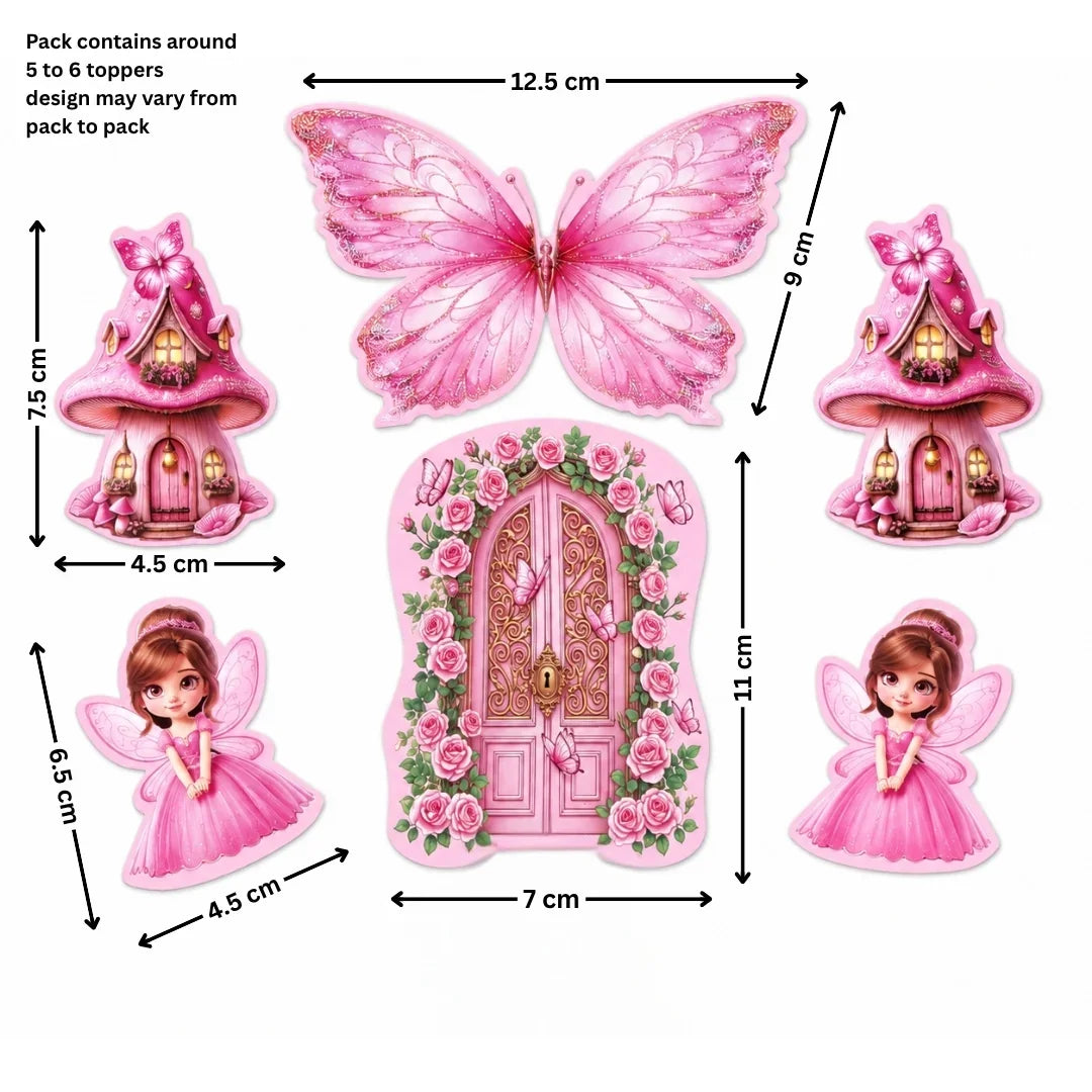 Pink fairy-themed party toppers set with dimension labels, including a large butterfly topper, a floral fairy door topper, and three fairy house toppers, shown on a white background with measurement arrows and text.
