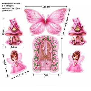 Pink fairy-themed party toppers set with dimension labels, including a large butterfly topper, a floral fairy door topper, and three fairy house toppers, shown on a white background with measurement arrows and text.