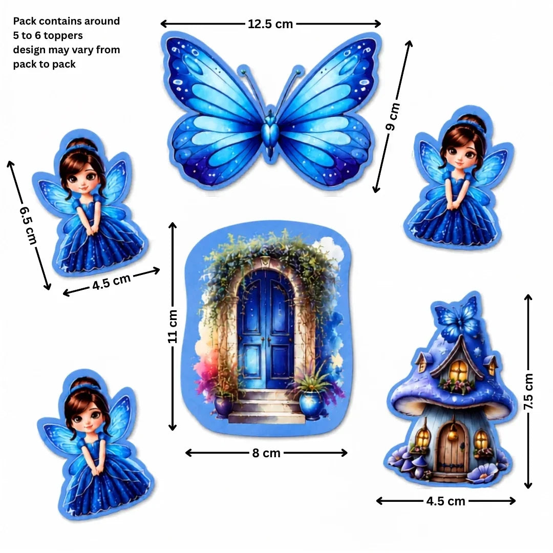 A product layout showing a pack of blue fairy-themed stickers or toppers on a white background with measurement arrows and labels. The set includes a large blue butterfly, a small blue fairy figure, a blue mushroom house with glowing windows, and a blue arched door design.