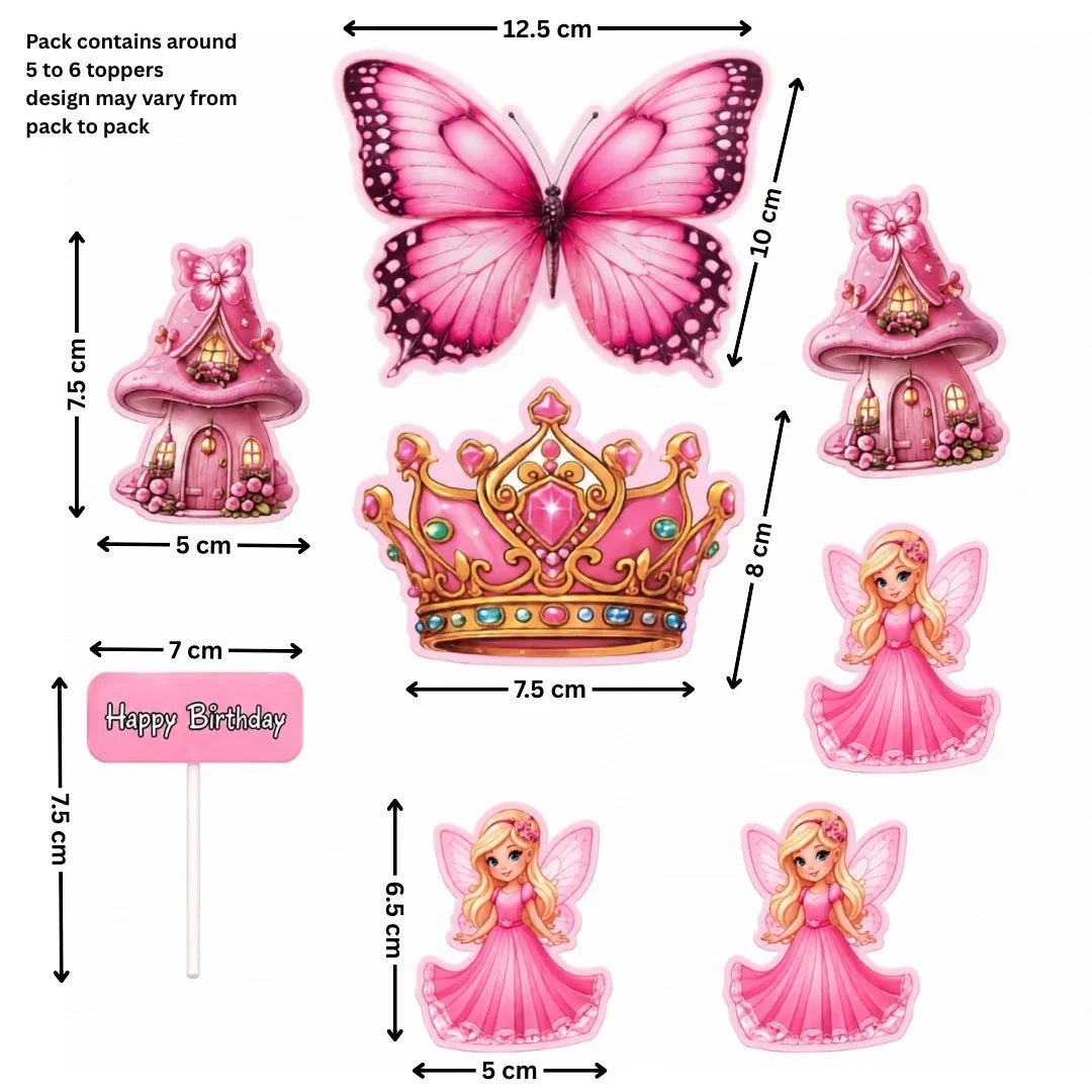 A product layout sheet showing multiple pink fairy-themed party toppers with dimension arrows and labels, including a butterfly, two small houses, a crown, a sign reading Happy Birthday, and several princess figures, on a white background.