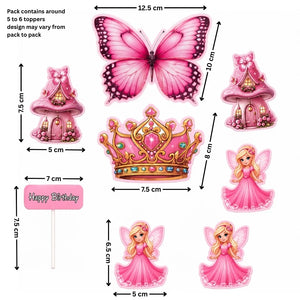 A product layout sheet showing multiple pink fairy-themed party toppers with dimension arrows and labels, including a butterfly, two small houses, a crown, a sign reading Happy Birthday, and several princess figures, on a white background.