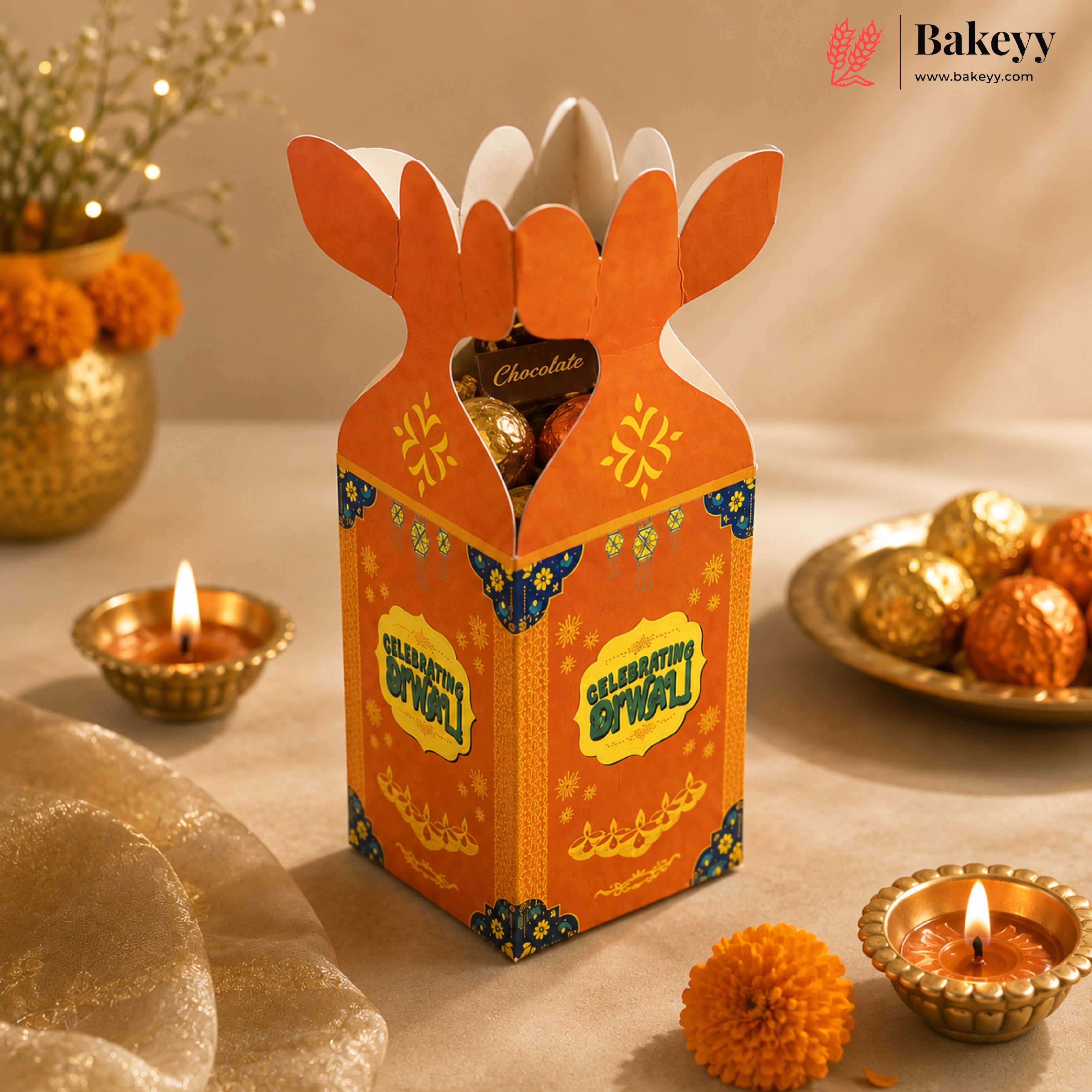 An orange and gold festive chocolate box with rabbit-shaped handles, decorated with 'Celebration Diwali' text and traditional patterns, styled on a beige surface with diya lights, marigold flowers, and gold chocolates.