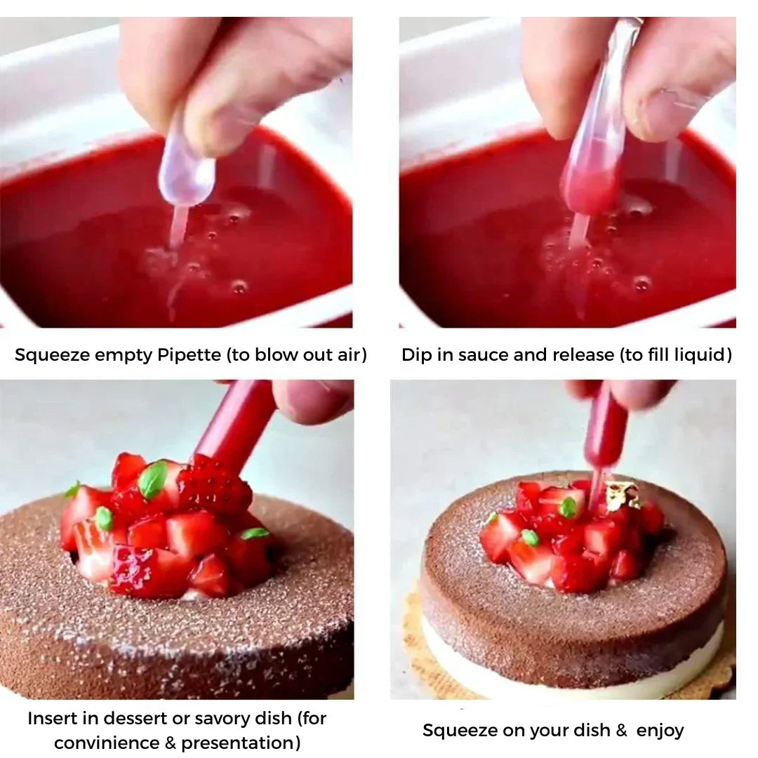 Instructions on using a pipette to add red sauce to a dessert.