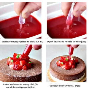 Instructions on using a pipette to add red sauce to a dessert.