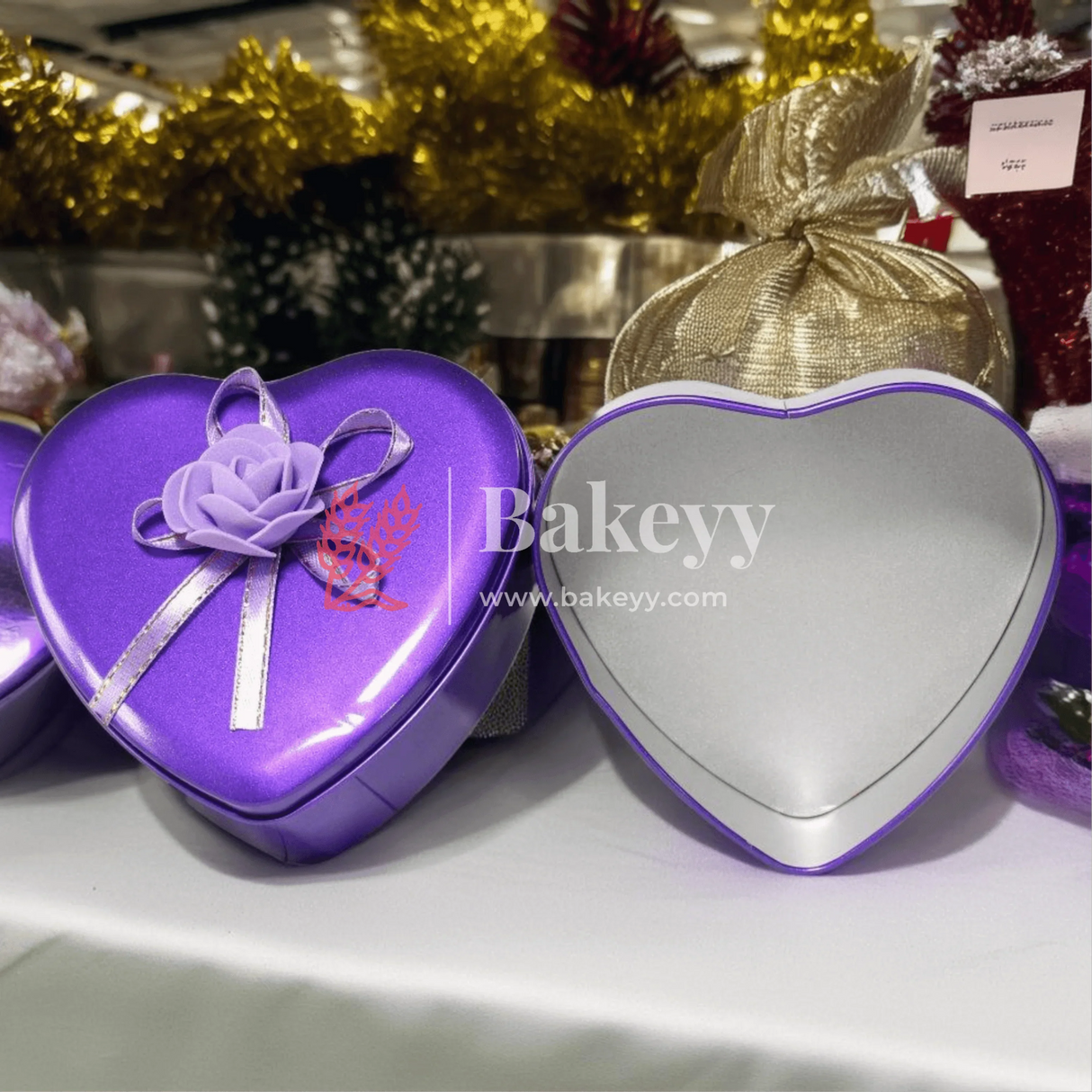 Large-Size 3| Mixed Colours with Mixed Bow Heart Empty Decorative Tin Box | Pack of 4